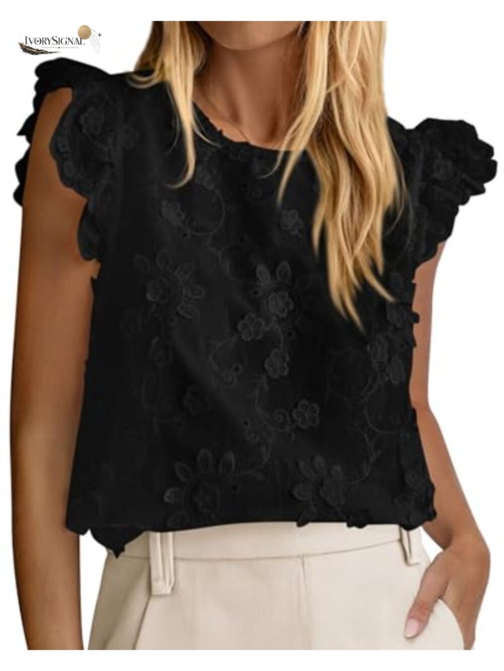 Lace Embroidered Eyelet Blouse with Ruffle Cap Sleeves
